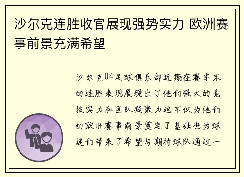 沙尔克连胜收官展现强势实力 欧洲赛事前景充满希望