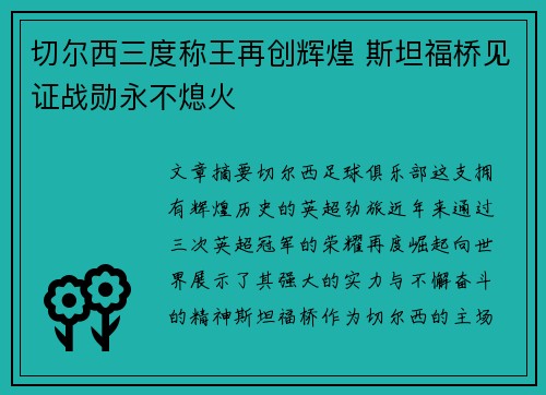 切尔西三度称王再创辉煌 斯坦福桥见证战勋永不熄火