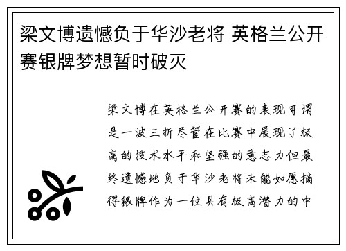 梁文博遗憾负于华沙老将 英格兰公开赛银牌梦想暂时破灭