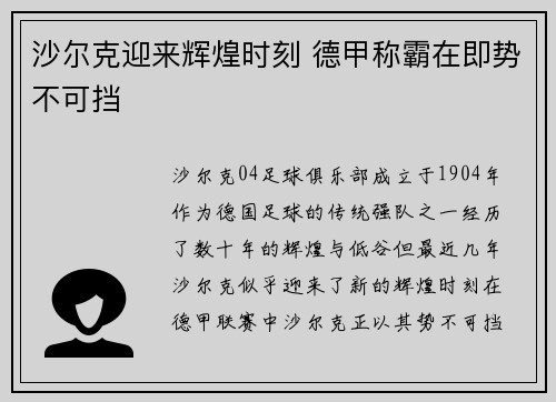 沙尔克迎来辉煌时刻 德甲称霸在即势不可挡