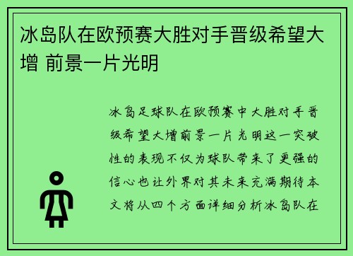 冰岛队在欧预赛大胜对手晋级希望大增 前景一片光明