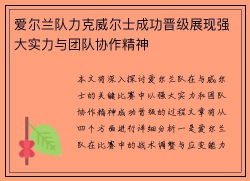 爱尔兰队力克威尔士成功晋级展现强大实力与团队协作精神