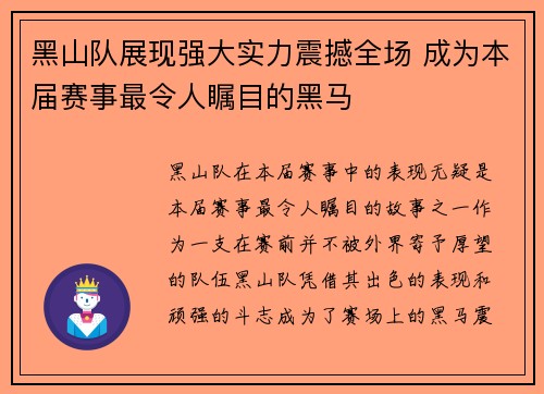 黑山队展现强大实力震撼全场 成为本届赛事最令人瞩目的黑马